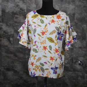 Medium Harlow & Rose white nature/leafs print short sleeve blouse